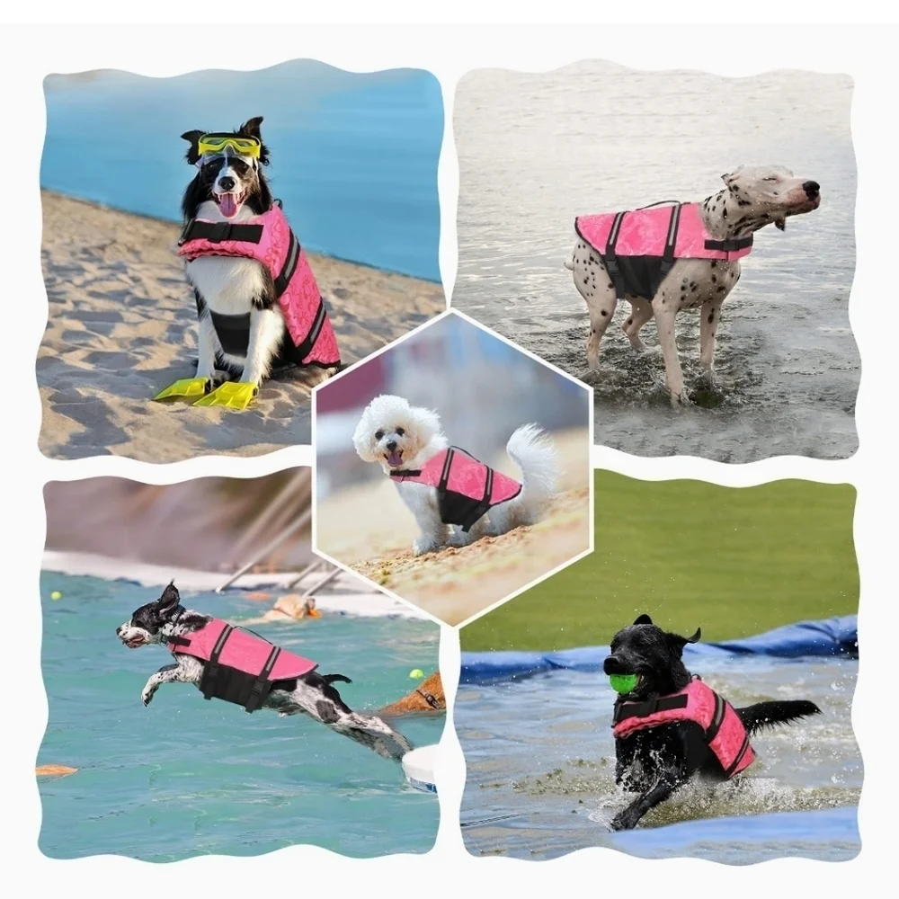 Dogcheer Ripstop Dog Life Jacket, Reflective & Adjustable Pink w/Bone Print XS